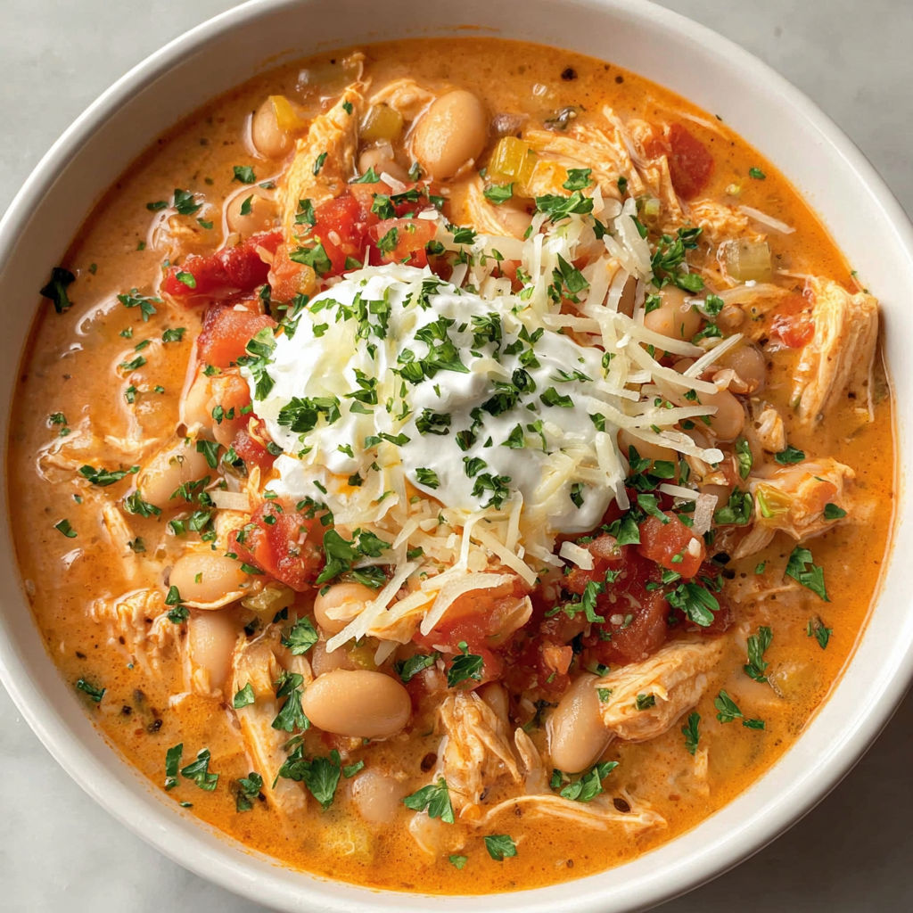 A bowl of chili with chicken and beans.