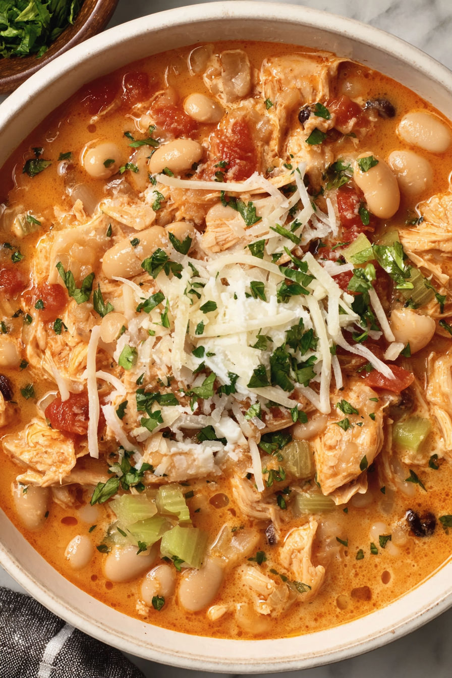 A close up of a bowl of chili with chicken and cheese.
