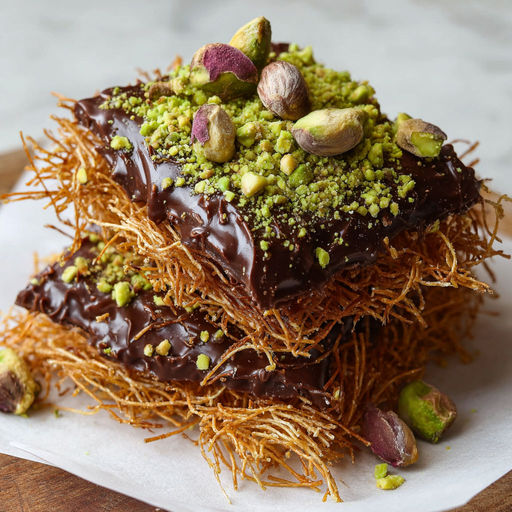 A stack of chocolate crunch bark with pistachio nuts on top.