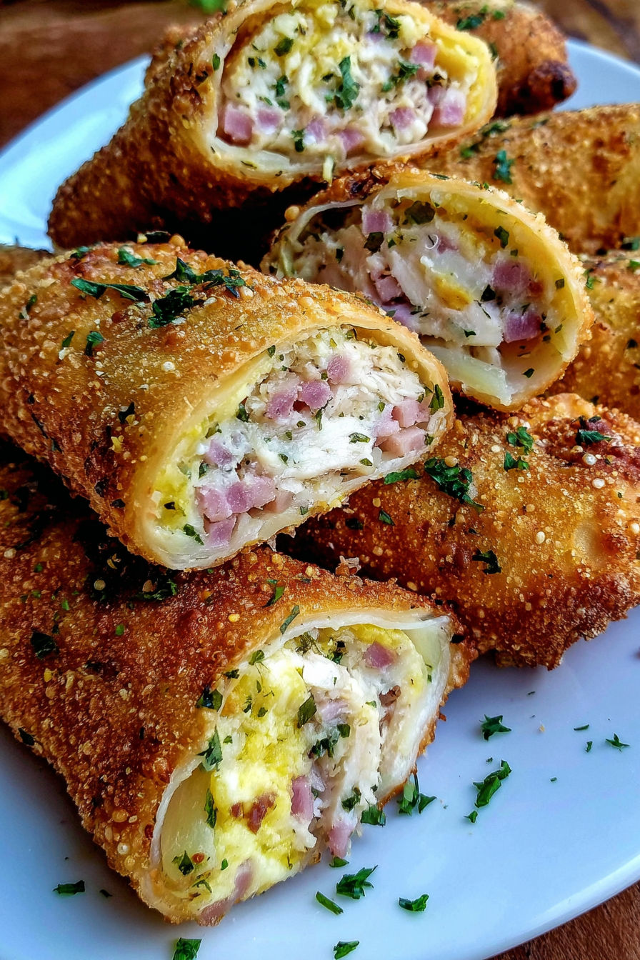 A plate of crispy chicken egg rolls.