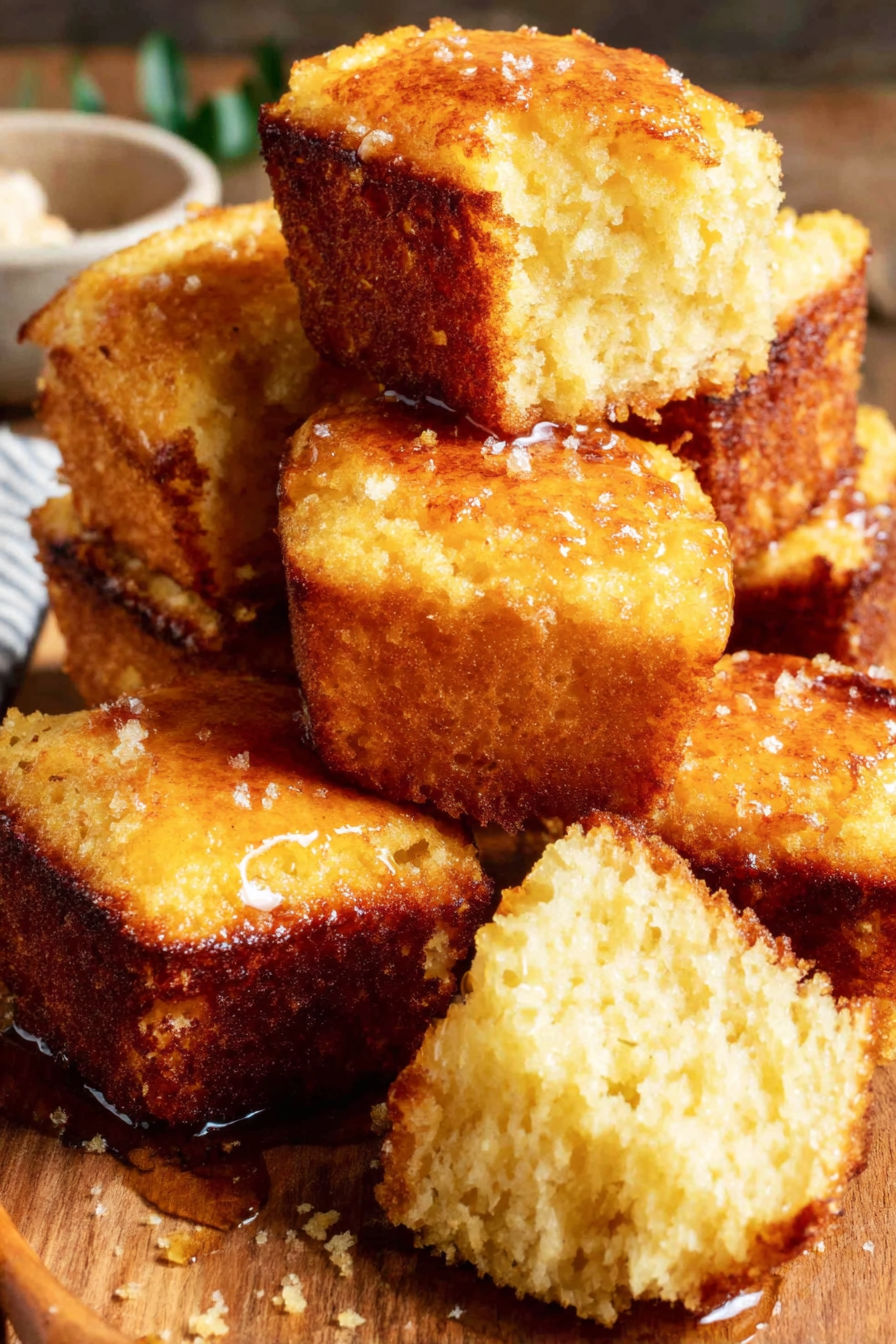 A stack of cornbread with honey drizzled on top.