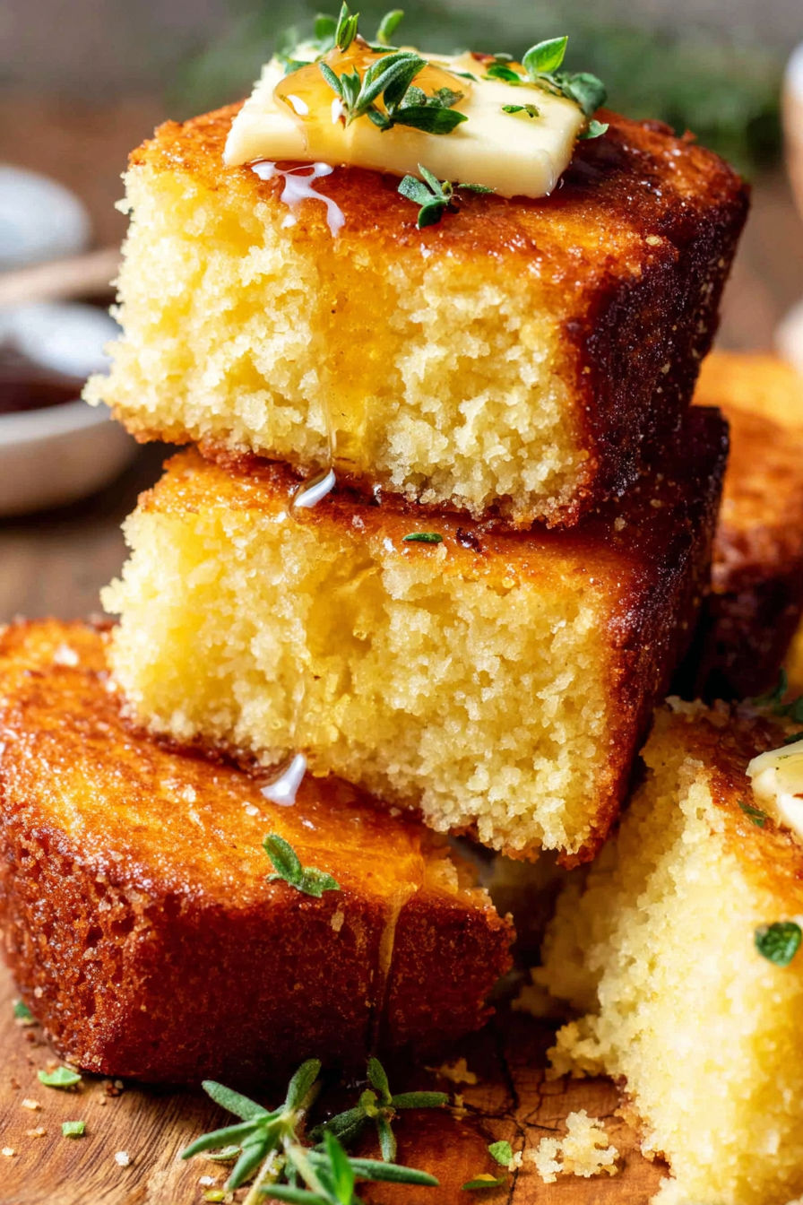 Stacks of cornbread with honey drizzled on top.