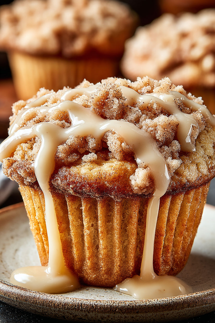 A muffin with a crunch topping and drizzled with caramel sauce.