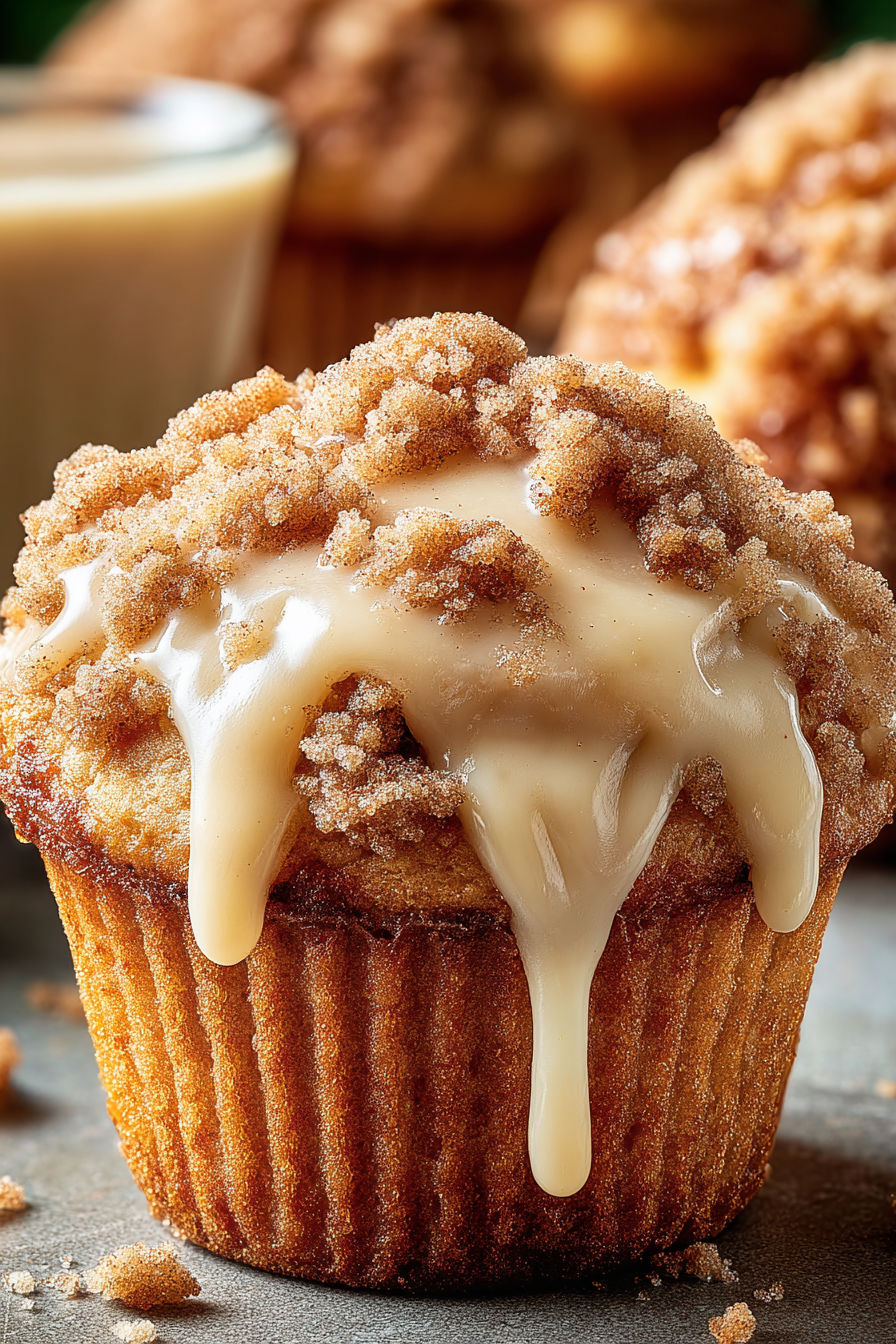 A muffin with a crunch topping and drizzled with caramel.