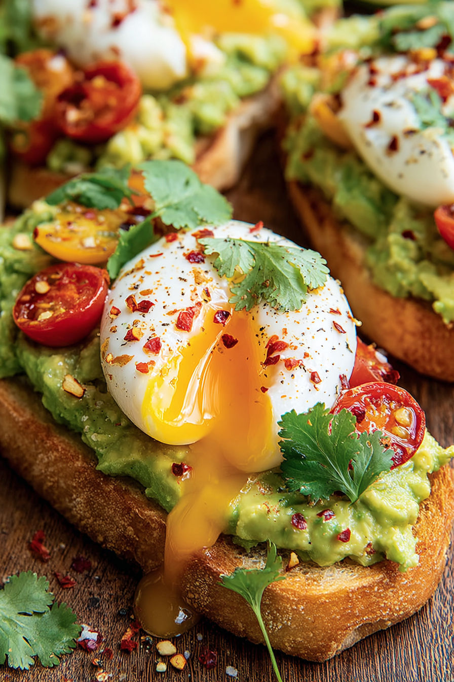 A slice of toast with an egg and avocado on top.