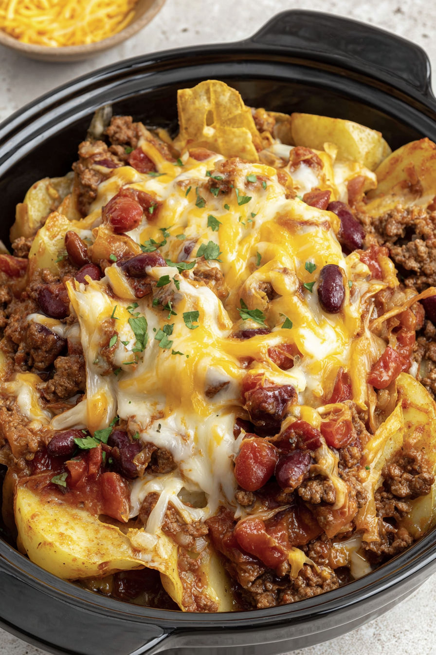 A bowl of chili with cheese and beans.