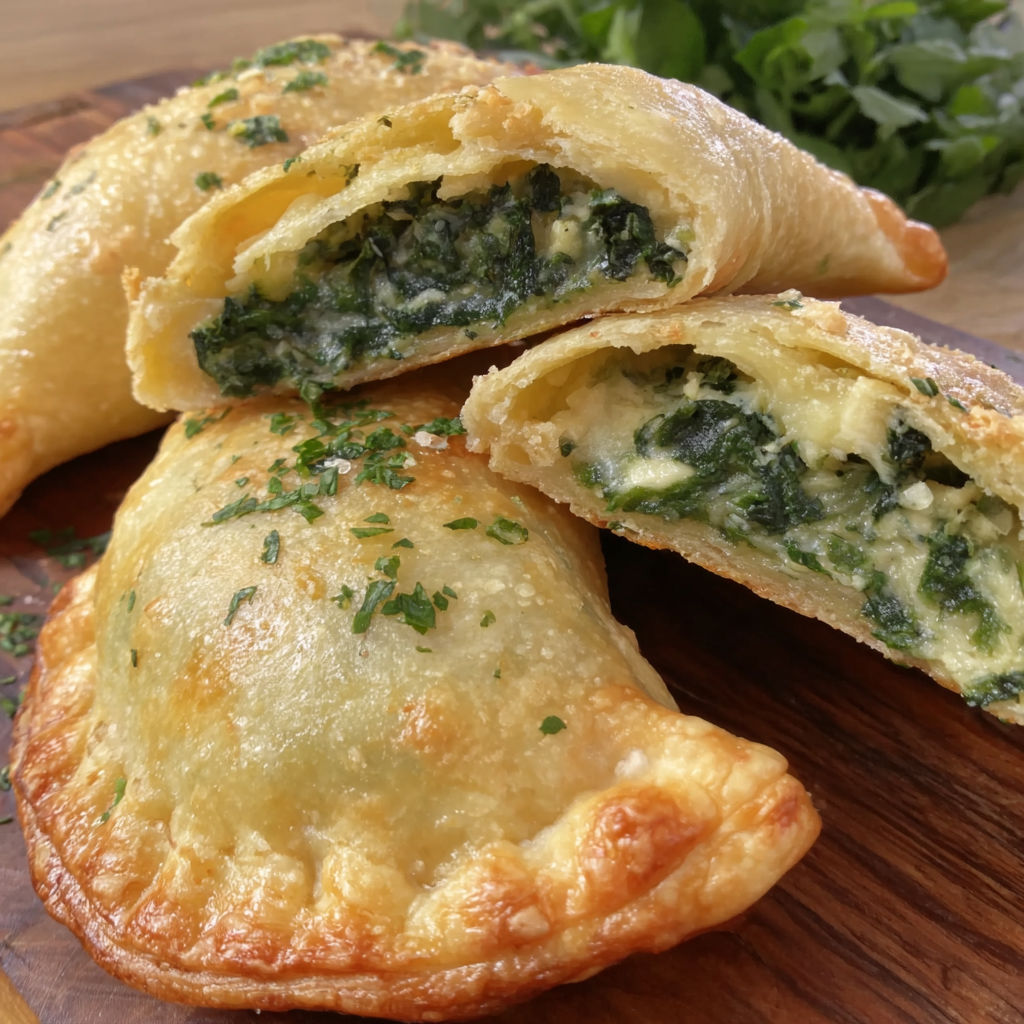 Three vegan spinach feta empanadas on a wooden table.
