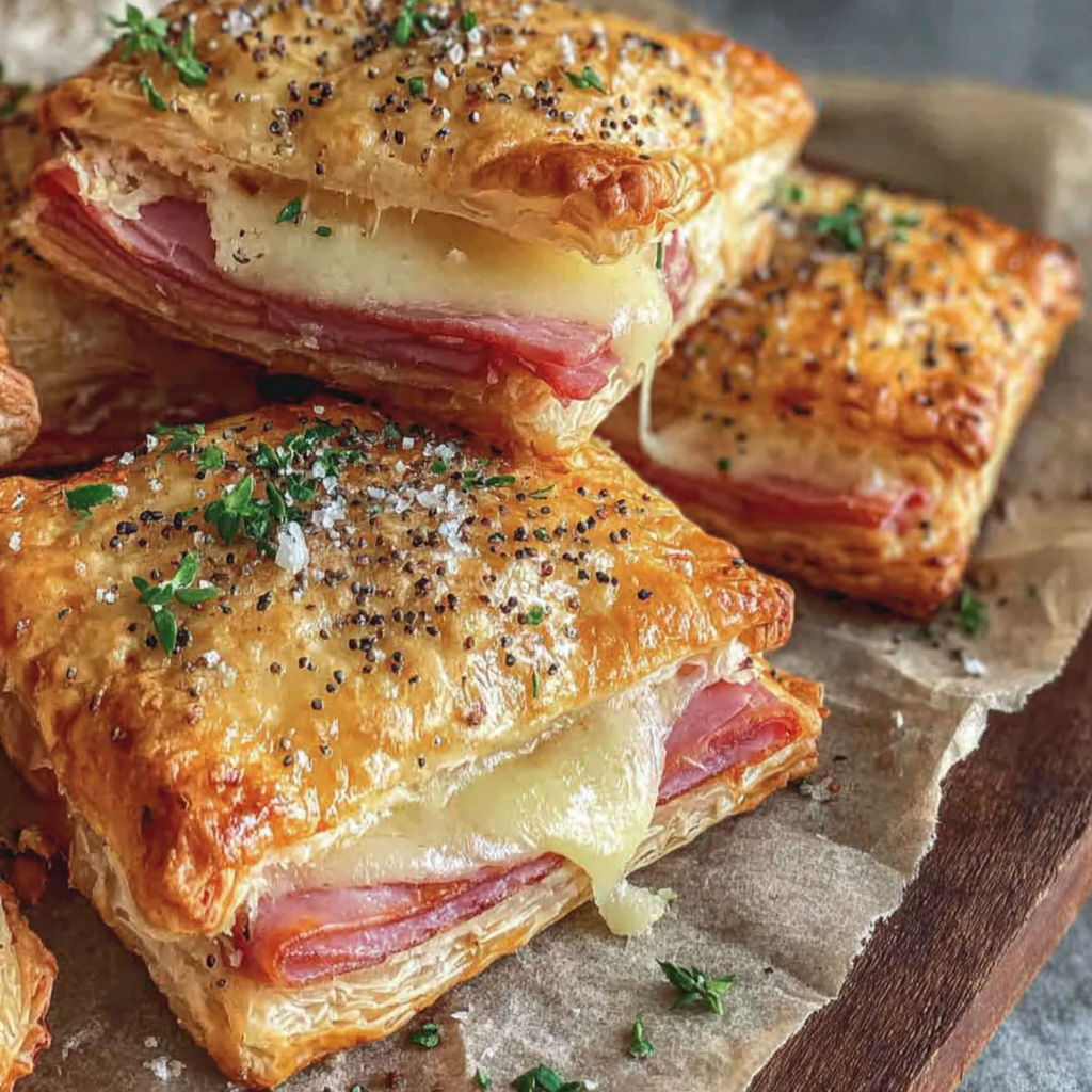 A close up of a ham and cheese puff pastry.