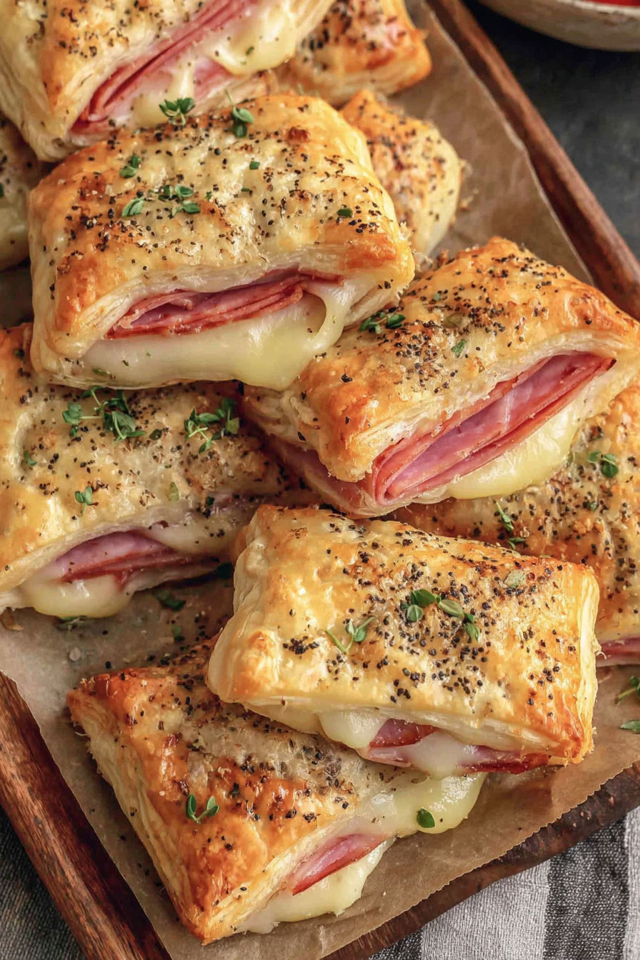 A plate of ham and cheese puff pastries.