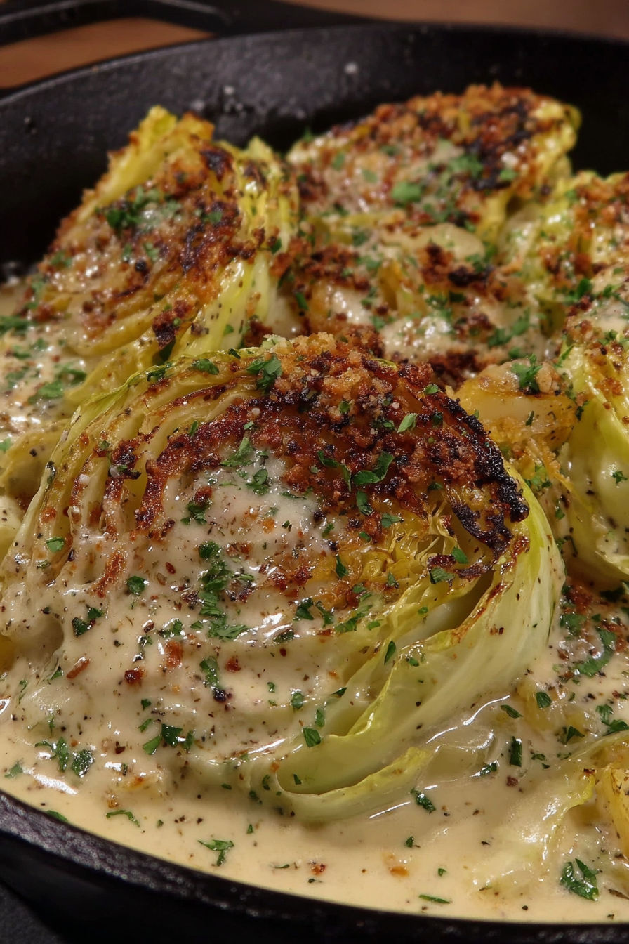 A dish of garlic parm melted cabbage.