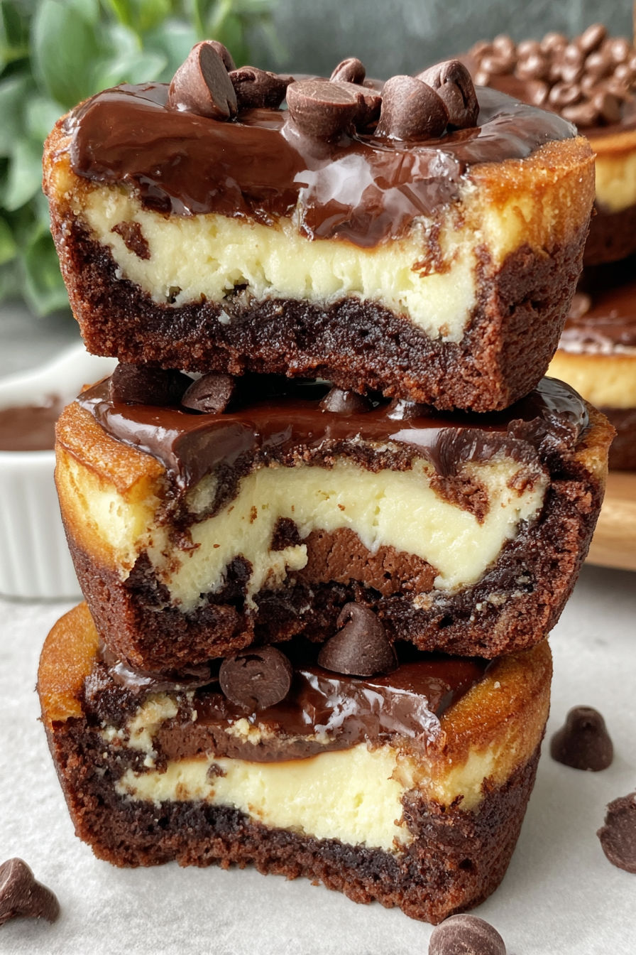 Three choco cheesecake cookie bites stacked on top of each other.