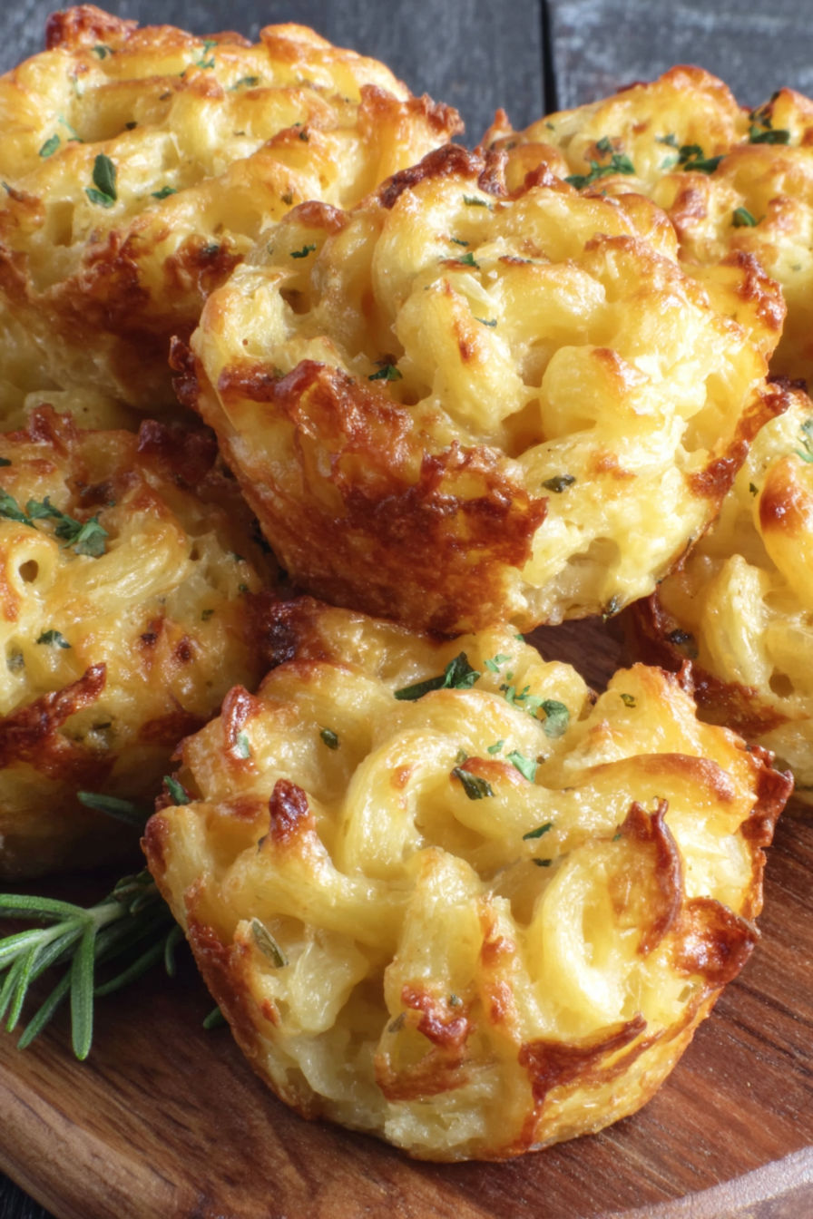 Baked mac and cheese bites on a wooden table.