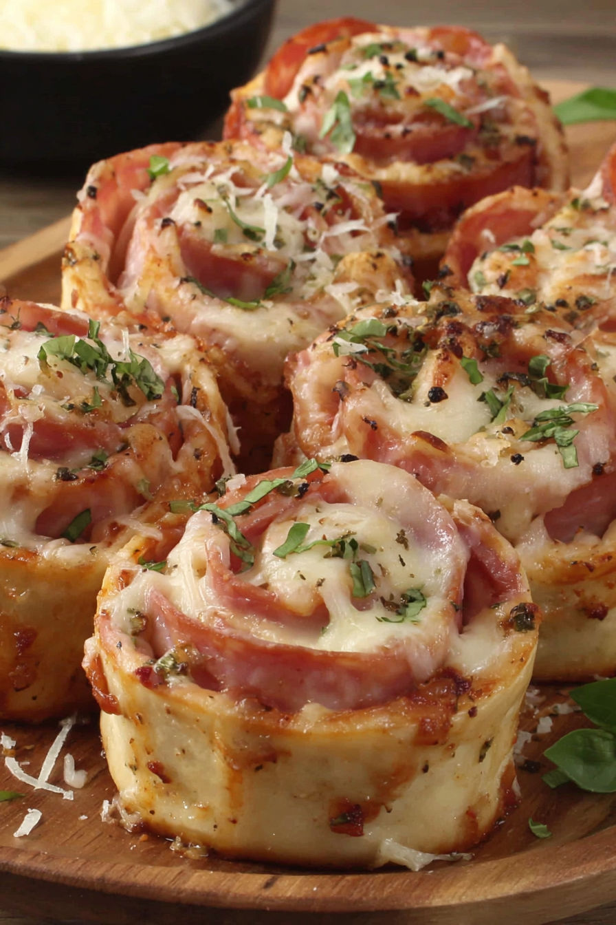 A plate of baked tortilla pizza rolls.
