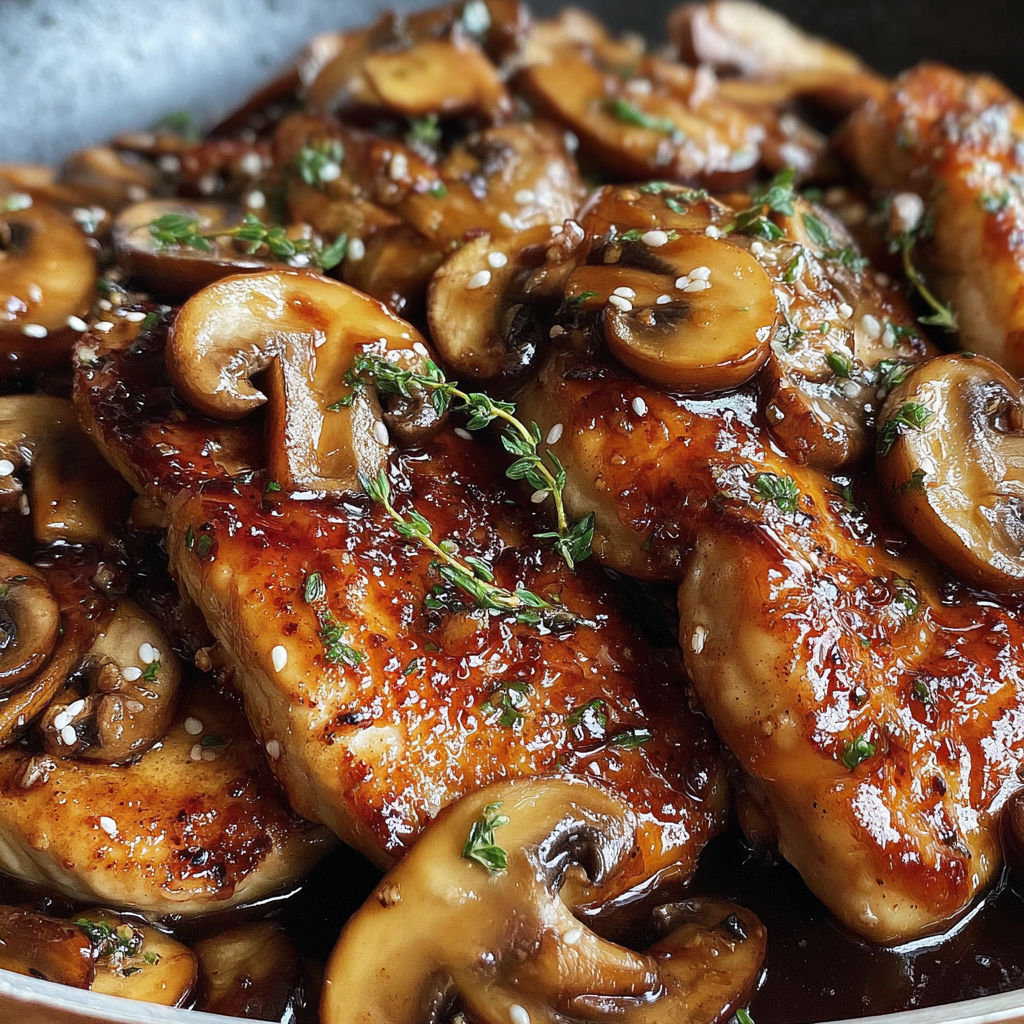 A plate of honey garlic chicken and mushrooms.