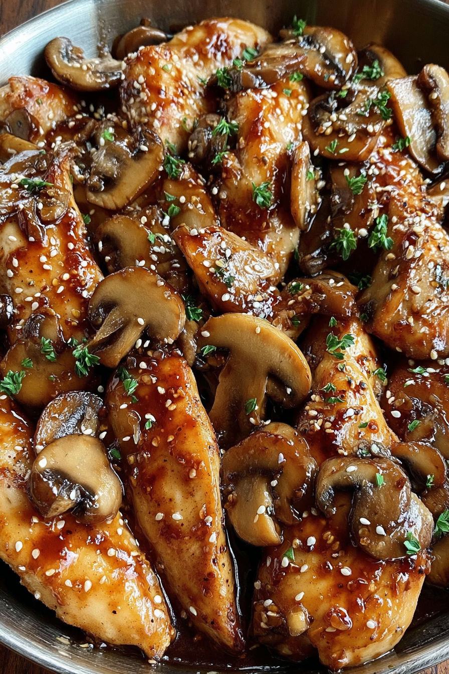A plate of chicken with mushrooms and honey garlic sauce.