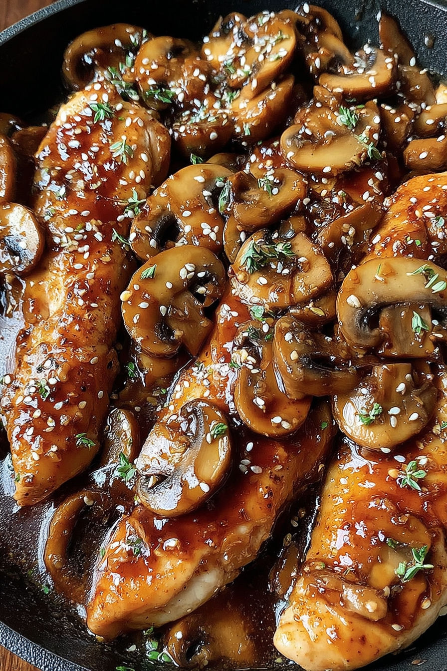 A dish of chicken and mushrooms with a honey garlic sauce.