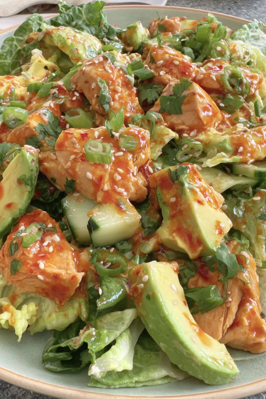 A close up of a delicious Korean BBQ Chicken Salad.