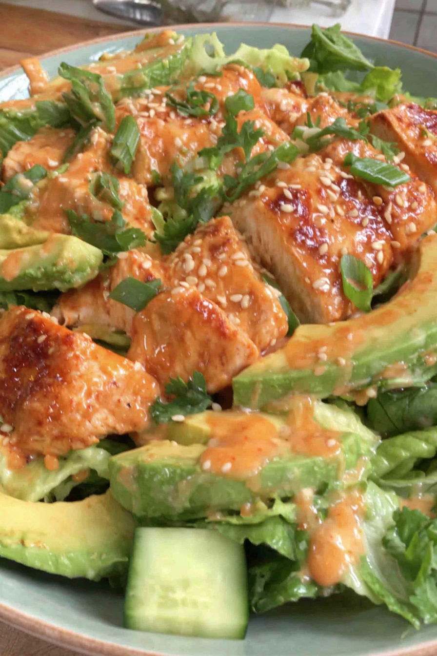 A close up of a delicious Korean BBQ Chicken Salad.
