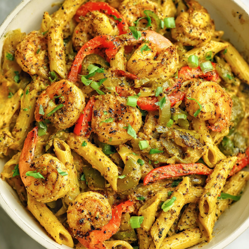A bowl of Jamaican Shrimp Rasta Pasta.