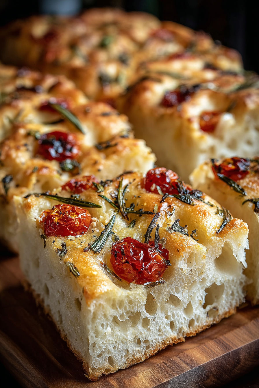 A loaf of bread with tomatoes and herbs on top.