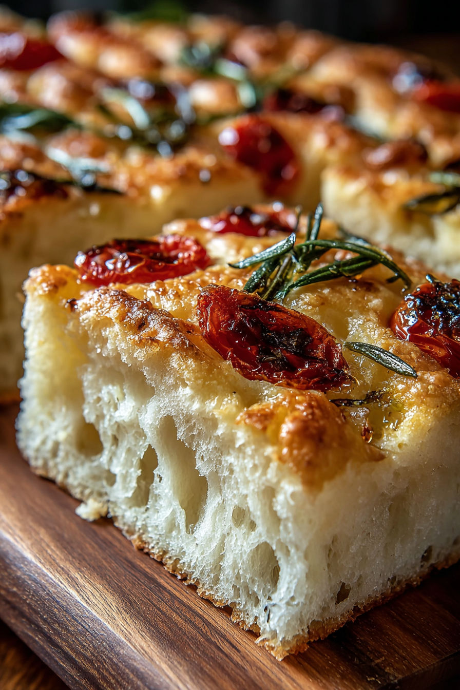 A close up of a focaccia bread with tomatoes and herbs.