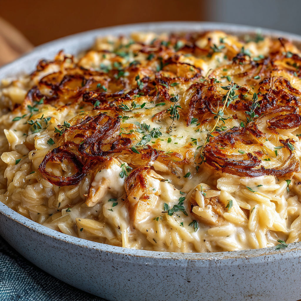 A French Onion Chicken Orzo Casserole in a pan.
