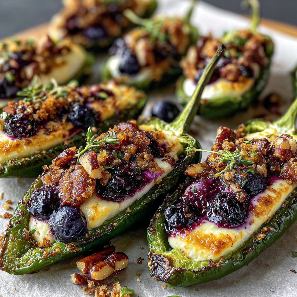 A plate of jalapeño poppers with blueberries on top.