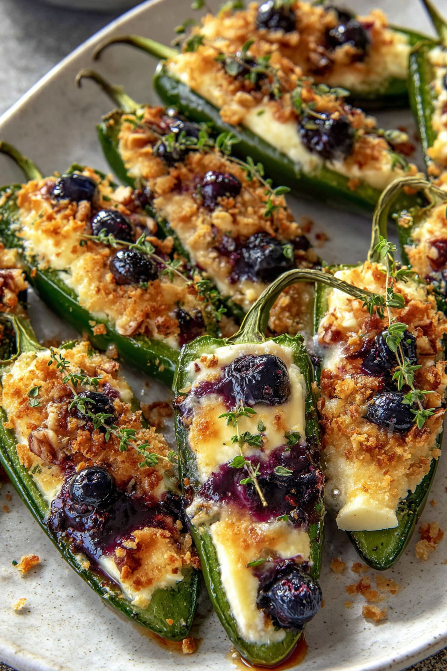 A plate of jalapeno poppers with blueberry cheese.