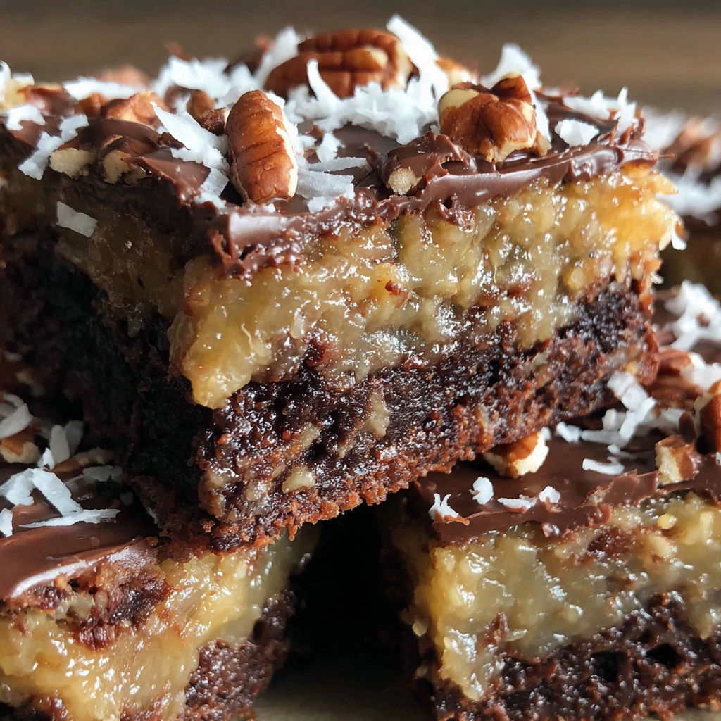 A close up of a german chocolate pecan brownie.