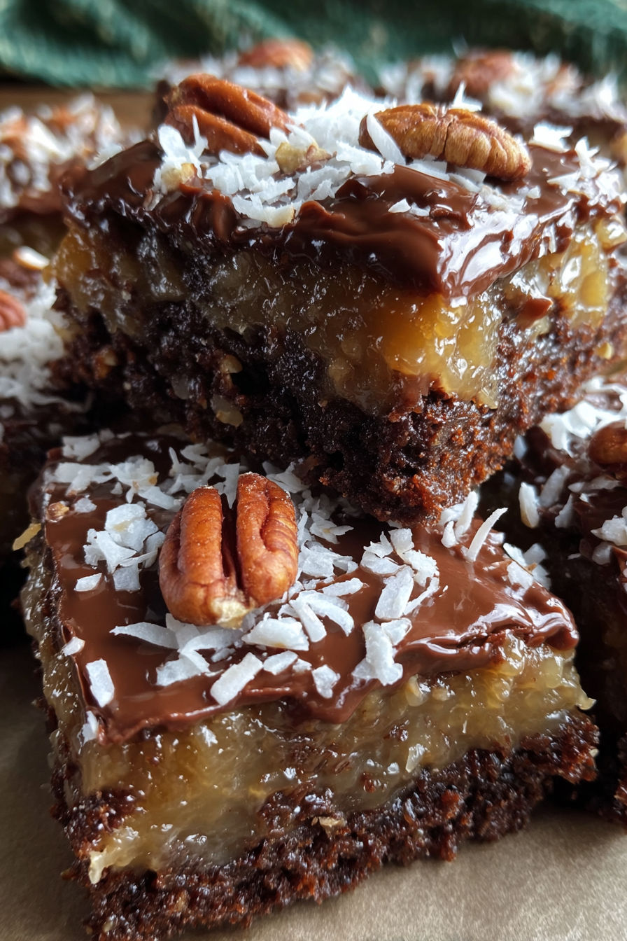 A slice of German chocolate pecan brownies.