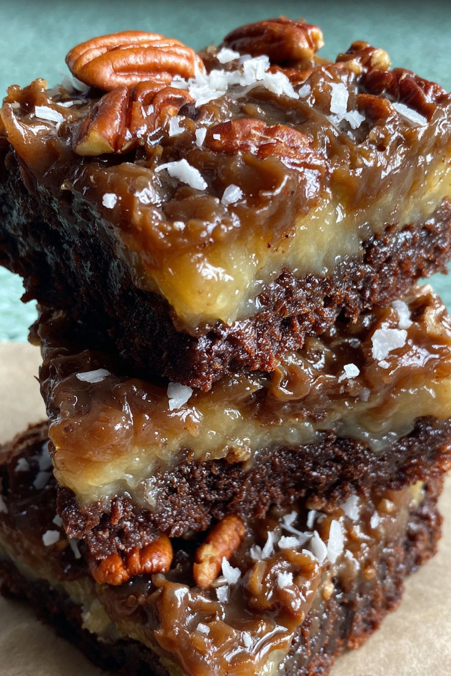 Three pieces of German chocolate pecan brownies.