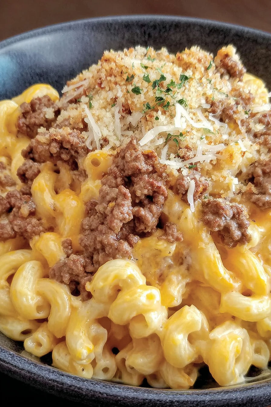 A cheesy macaroni hamburger dish.