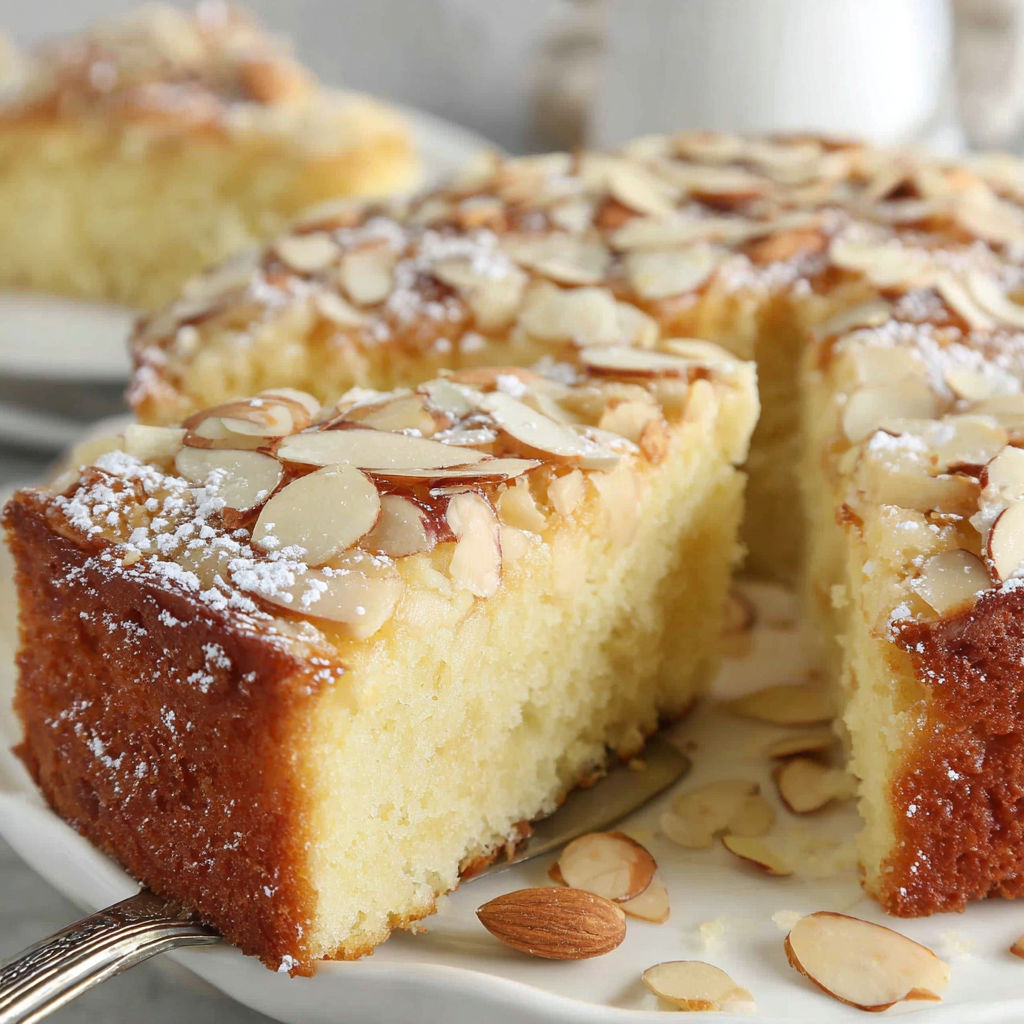 A slice of almond cake on a plate.