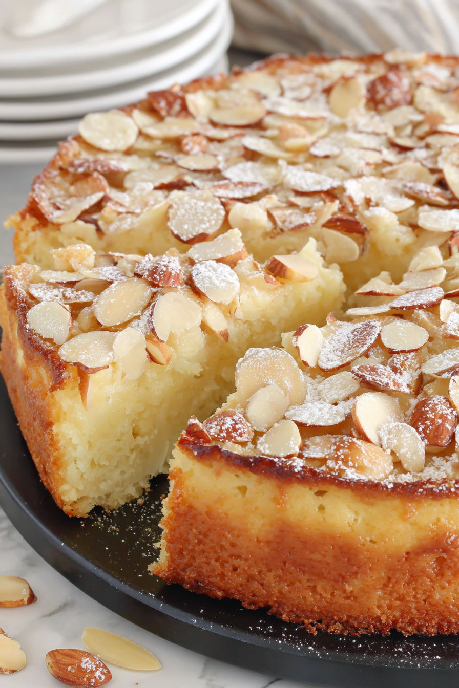 A slice of almond cake on a plate.