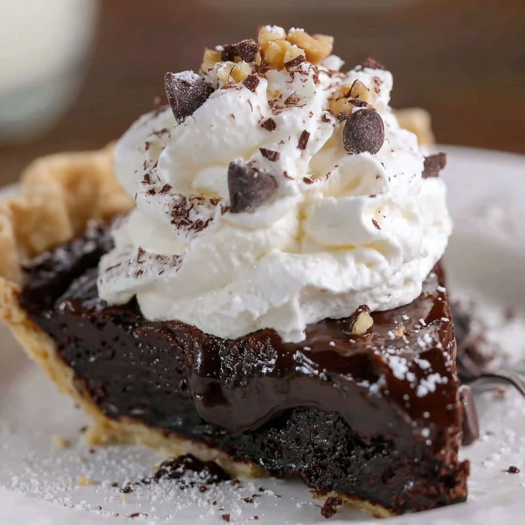 A slice of chocolate pie with whipped cream on top.