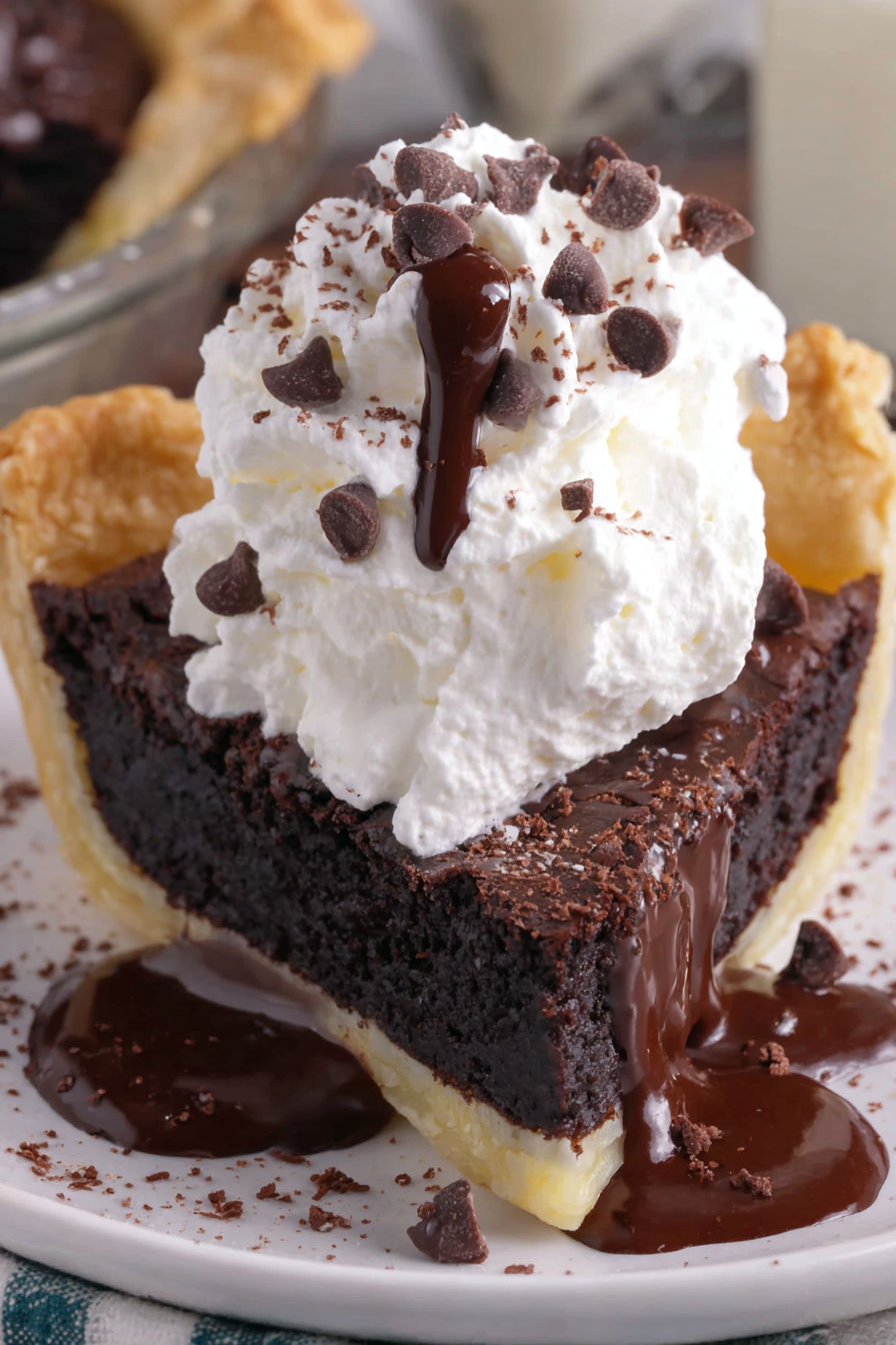 A chocolate brownie pie with whipped cream.
