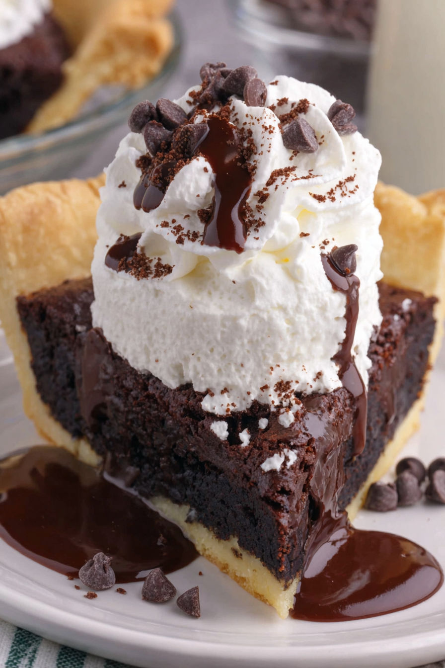 A slice of chocolate pie with whipped cream on top.