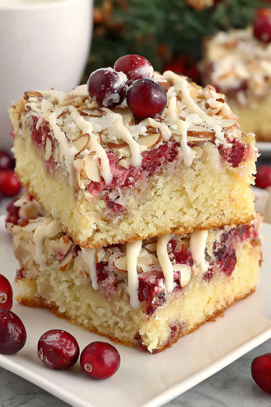 A slice of almond cranberry cake.