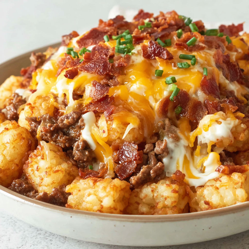 A plate of food with bacon cheeseburger tater tot casserole recipe.