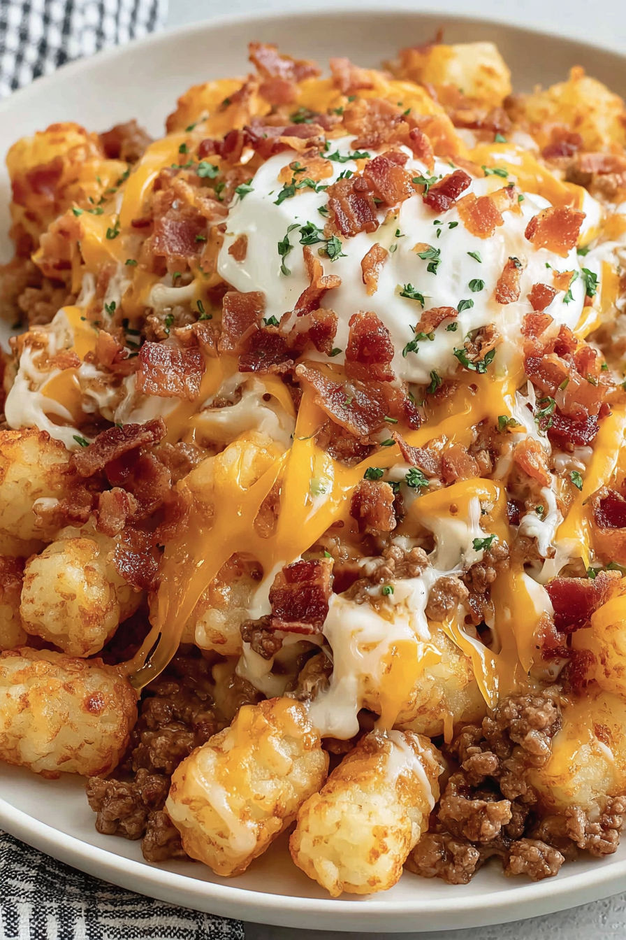 A close up of a bacon cheeseburger tater tot casserole.