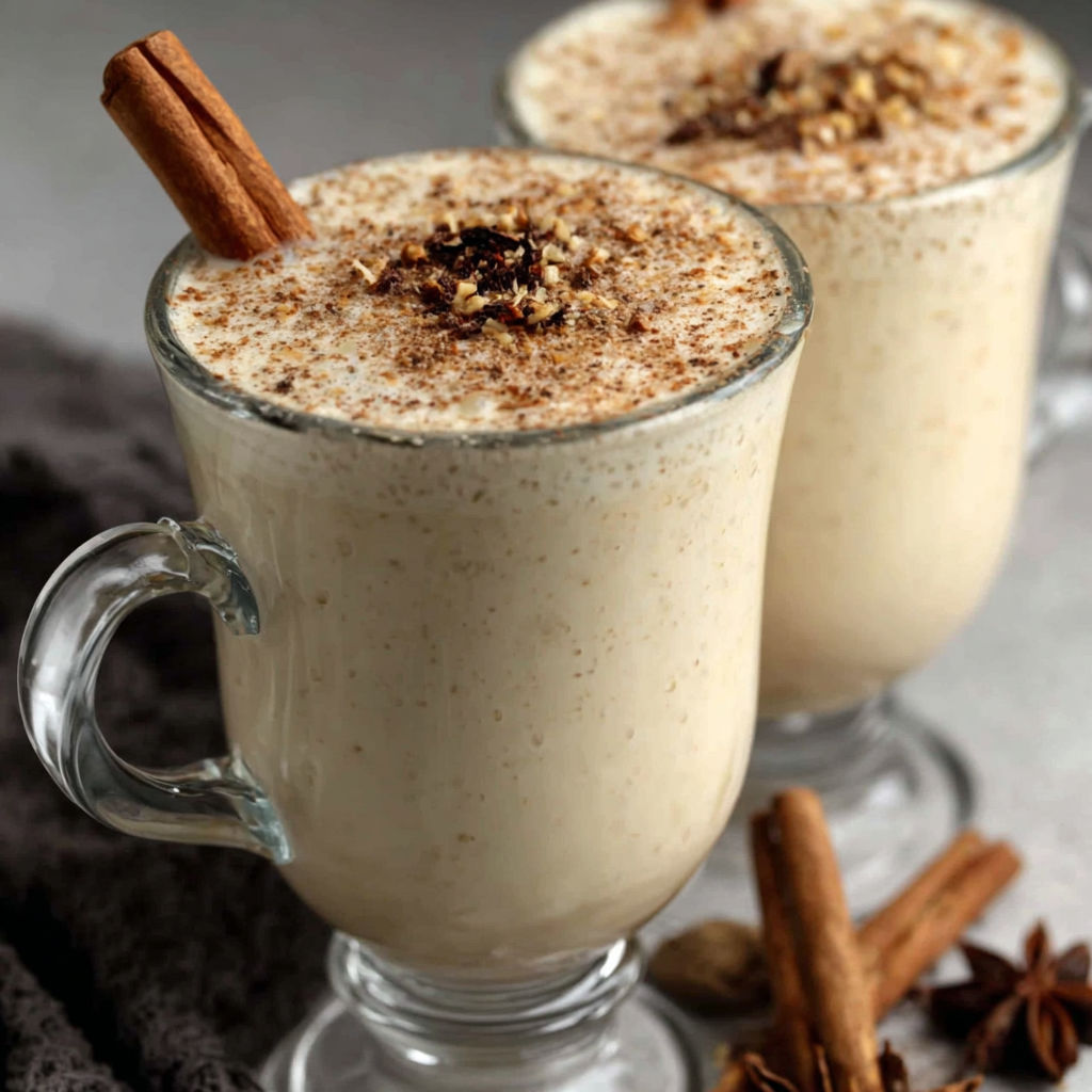 Two glasses of homemade eggnog.