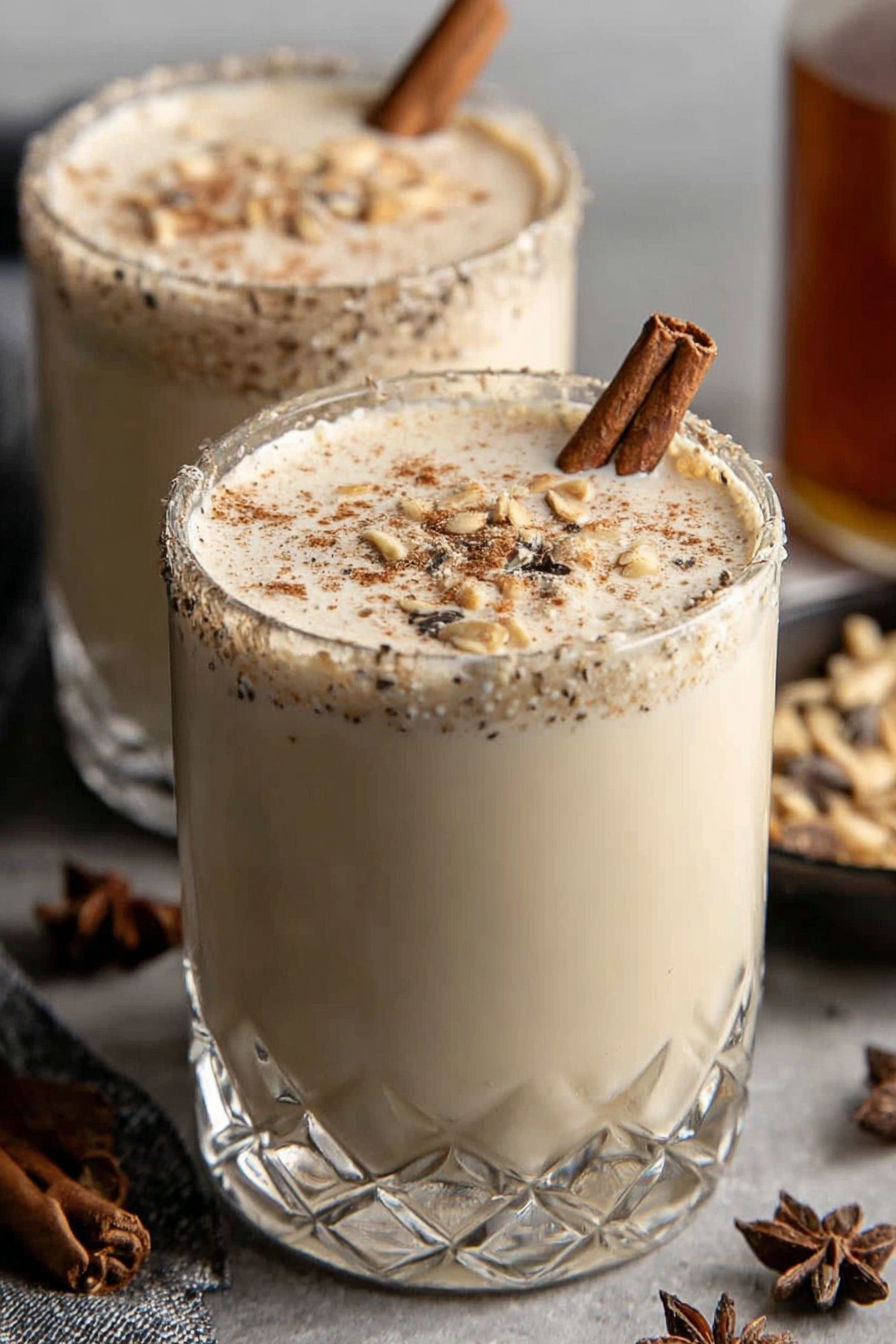 A glass of a drink with a cinnamon stick in it.