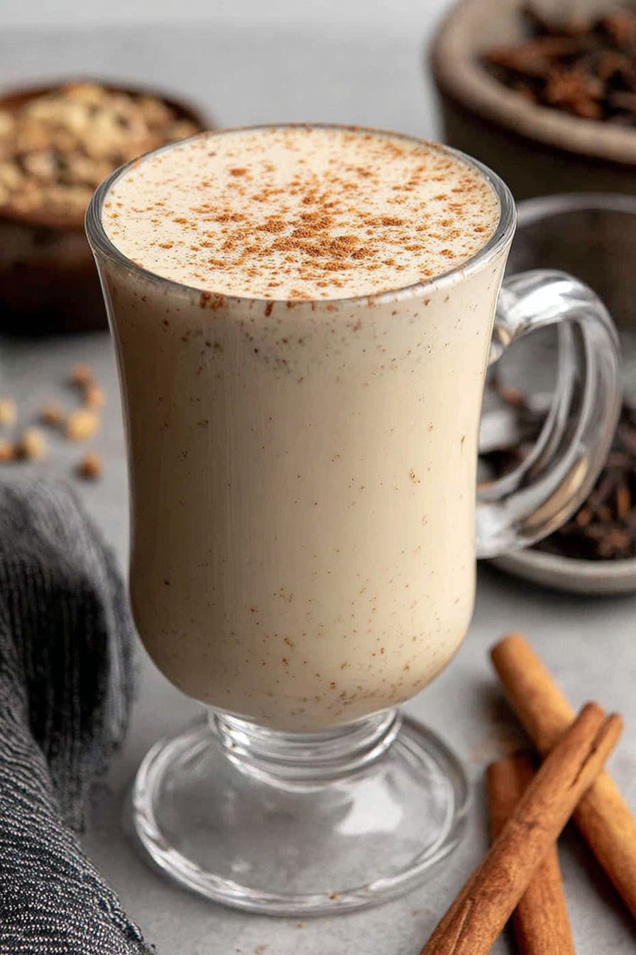 A glass of a drink with cinnamon on top.