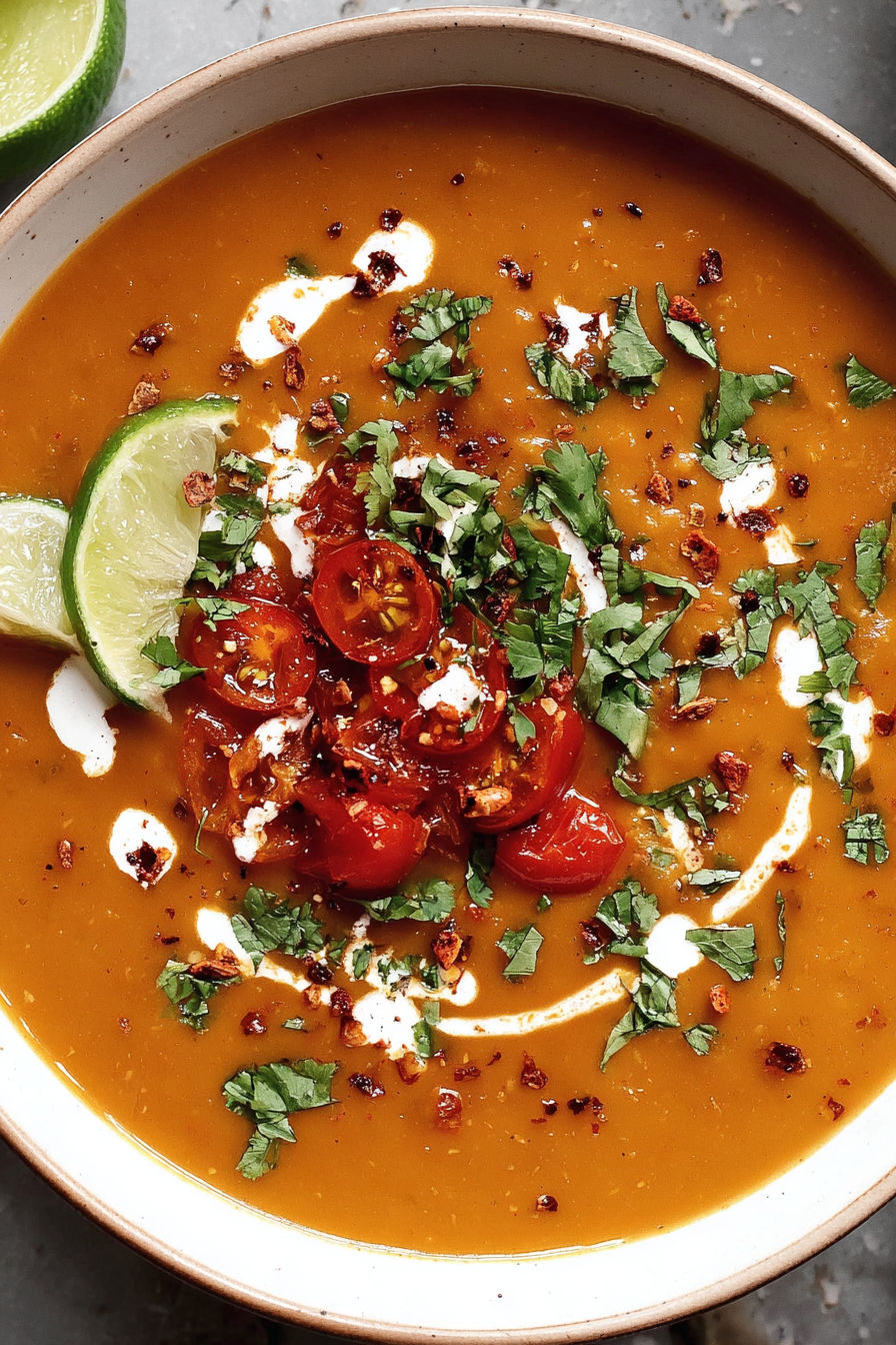 A bowl of soup with tomatoes and lime.