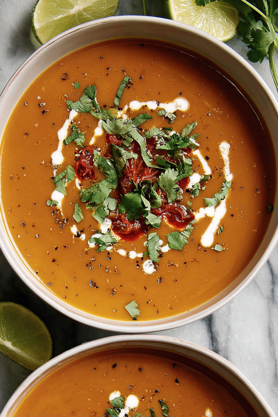 A bowl of soup with a spoon in it.