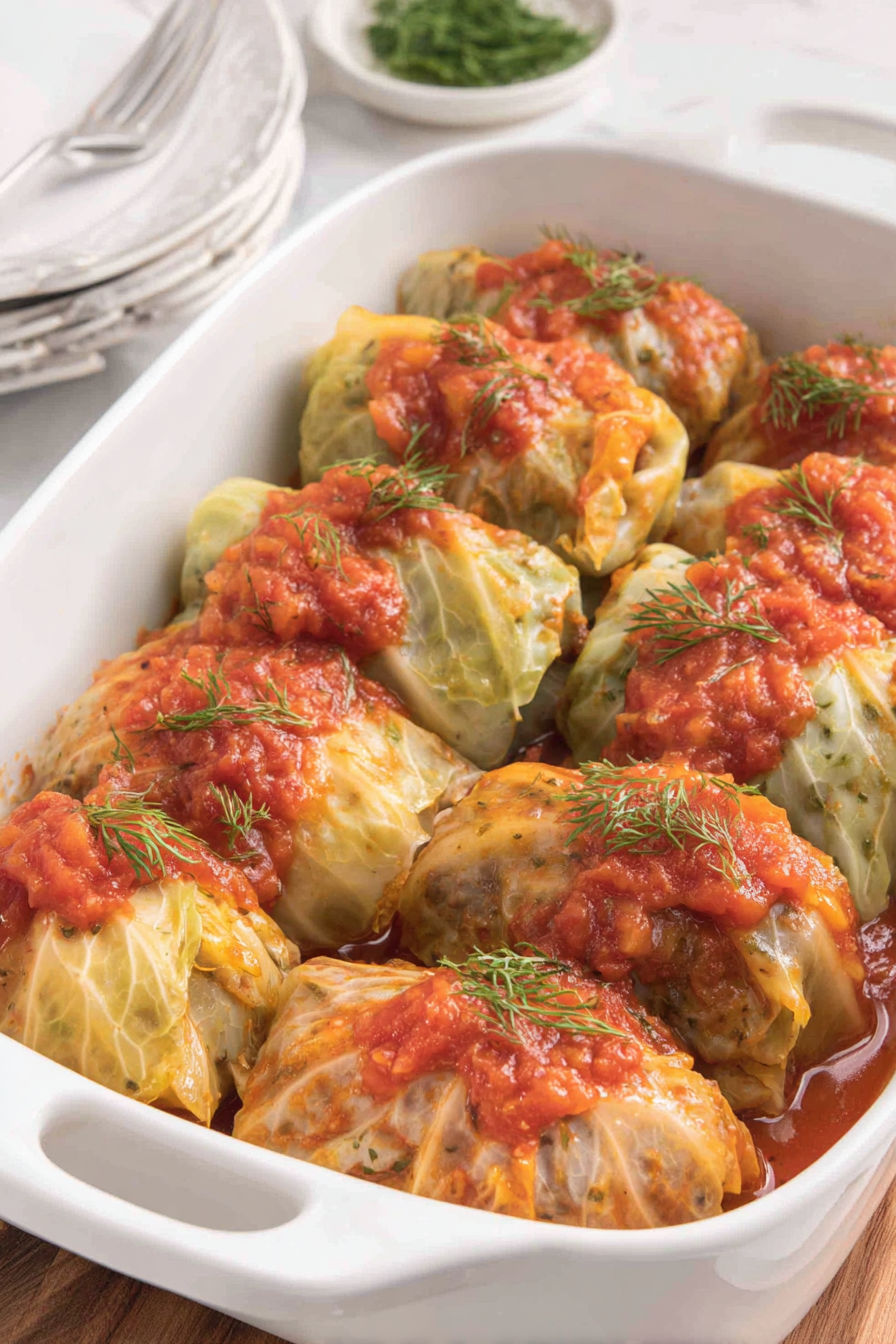 A dish of cabbage rolls with tomato sauce.