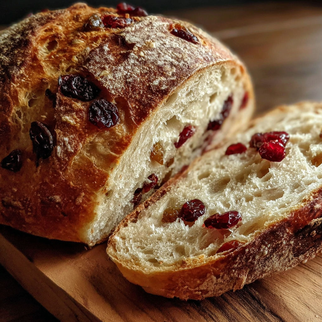 A slice of cranberry raisin walnut cinnamon artisan bread.