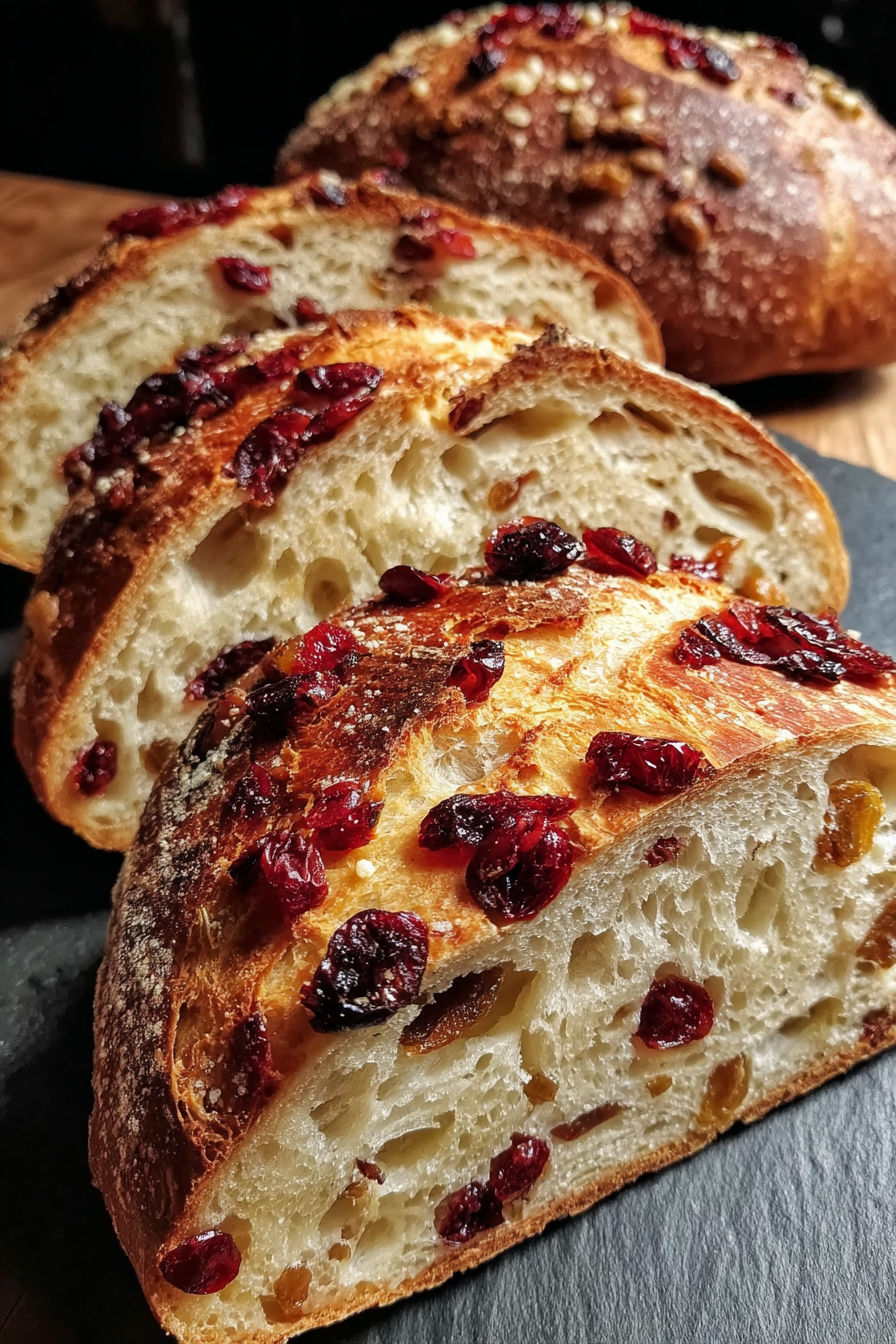 A loaf of bread with cranberries and raisins on top.