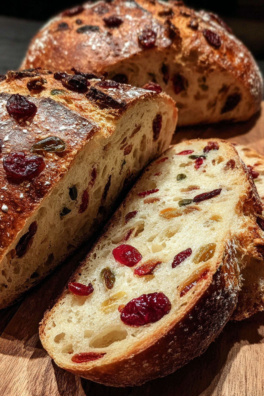 A loaf of bread with cranberries, raisins, and walnuts.