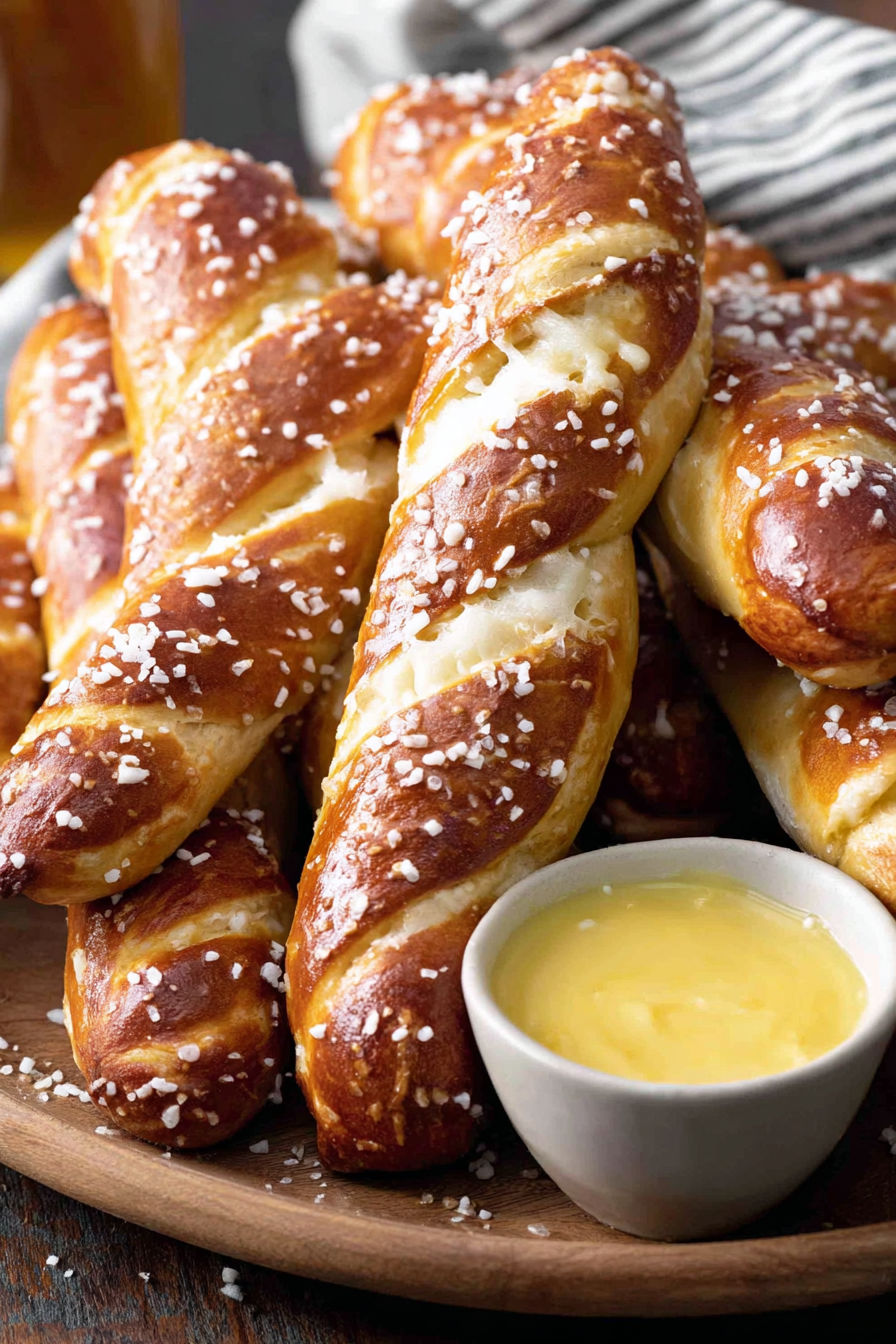 A bowl of soft pretzel sticks with a dipping sauce.